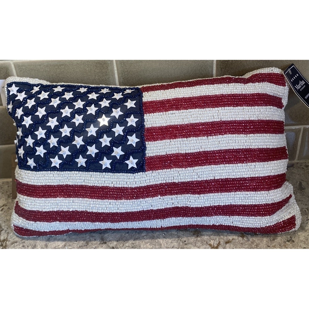 Martha Stewart  Beaded  American Flag Pillow 14 x 8 Patriotic July 4 Americana